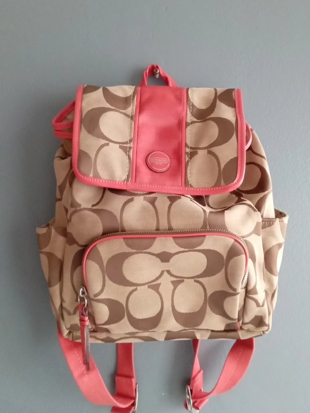 Coach Signature Jacquard Backpack Khaki Brown Coral Pink F1615-F21928 - Picture 5 of 5